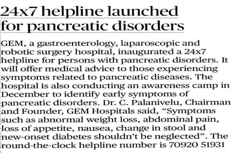 Patient support through 24x7 helpline for pancreatic disorders